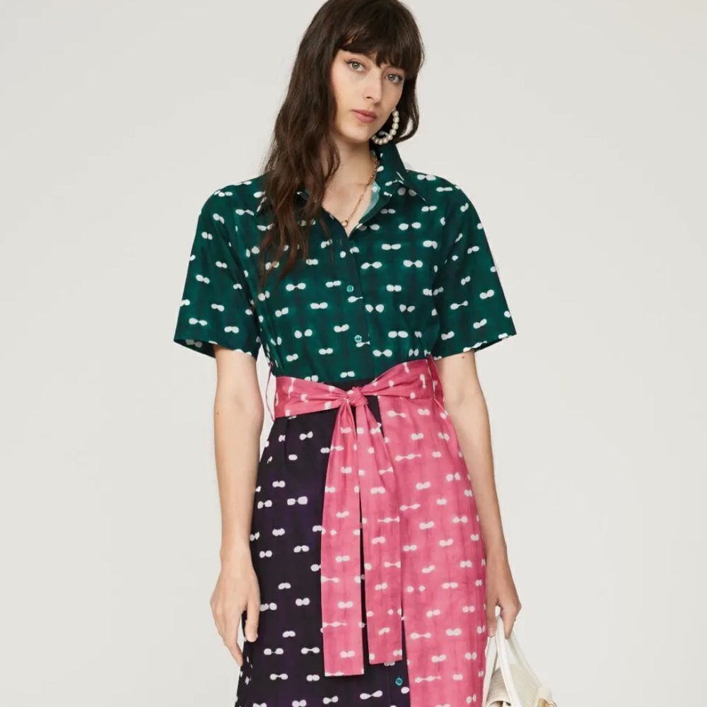 BUSAYO COLLECTIVE | Colorblock Polka Dot Belted Mini Shirt Dress Women’s Size 2